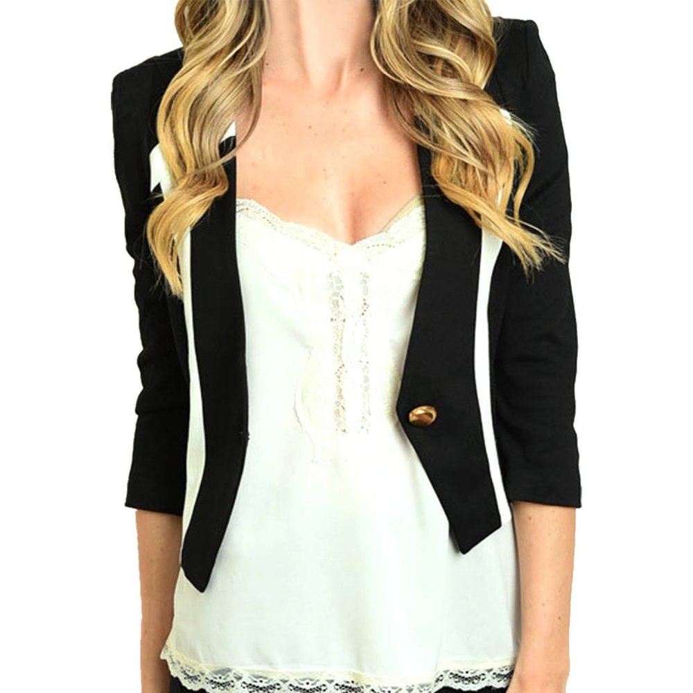 Cropped One Button Fly Blazer Jacket 3/4 Sleeve - Picture 7 of 10